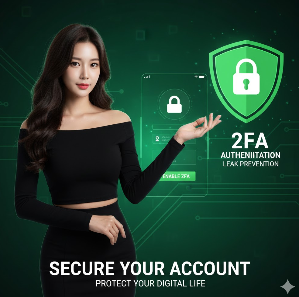  2FA 설정 화면 캡처 자물쇠 아이콘 블렌드 녹색 배경 유출 방지 강조