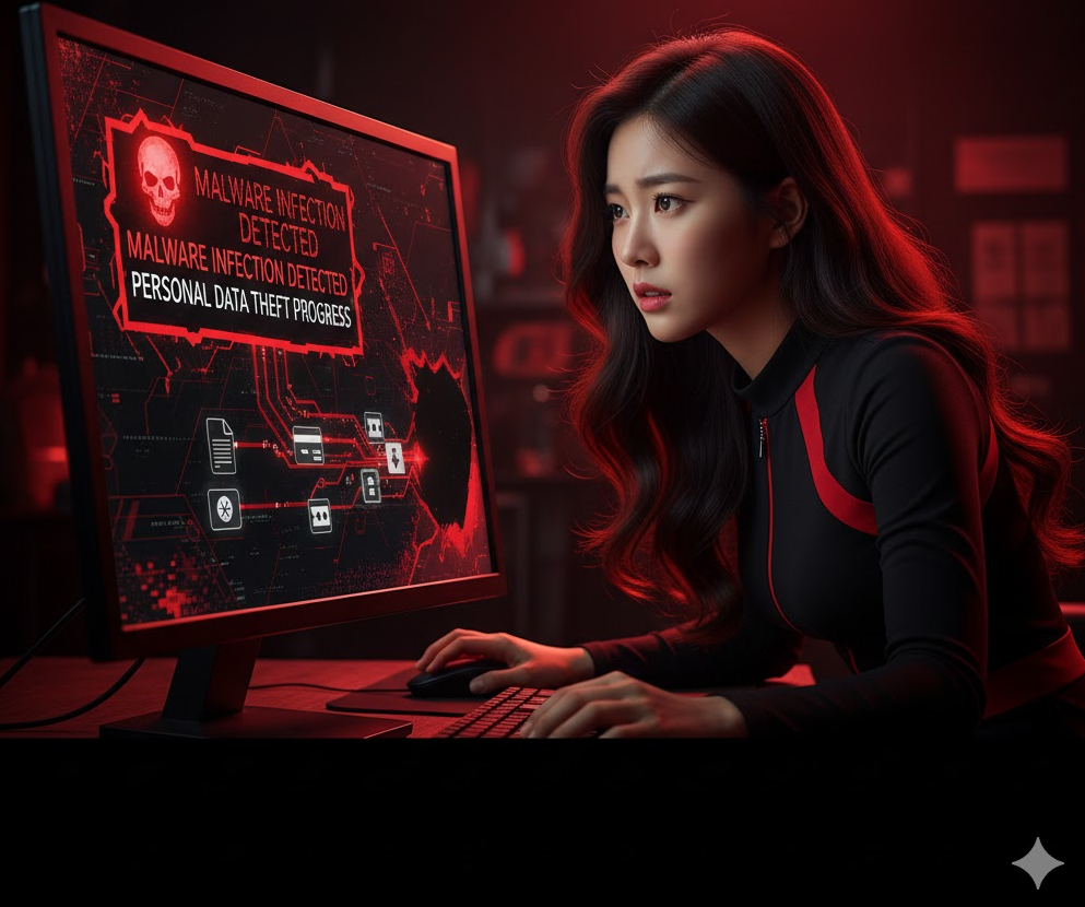 악성코드 감염 경고창과 개인정보 탈취 그래픽이 블렌드된 이미지 악성코드 감염 경고창과 개인정보 탈취 그래픽이 블렌드된 이미지