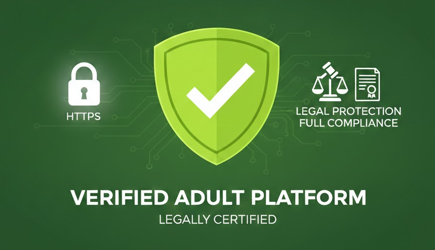 합법 성인 플랫폼 인증 마크와 법적 보호 아이콘이 강조된 그래픽 이미지 합법 성인 플랫폼 인증 마크와 법적 보호 아이콘이 강조된 그래픽 이미지
