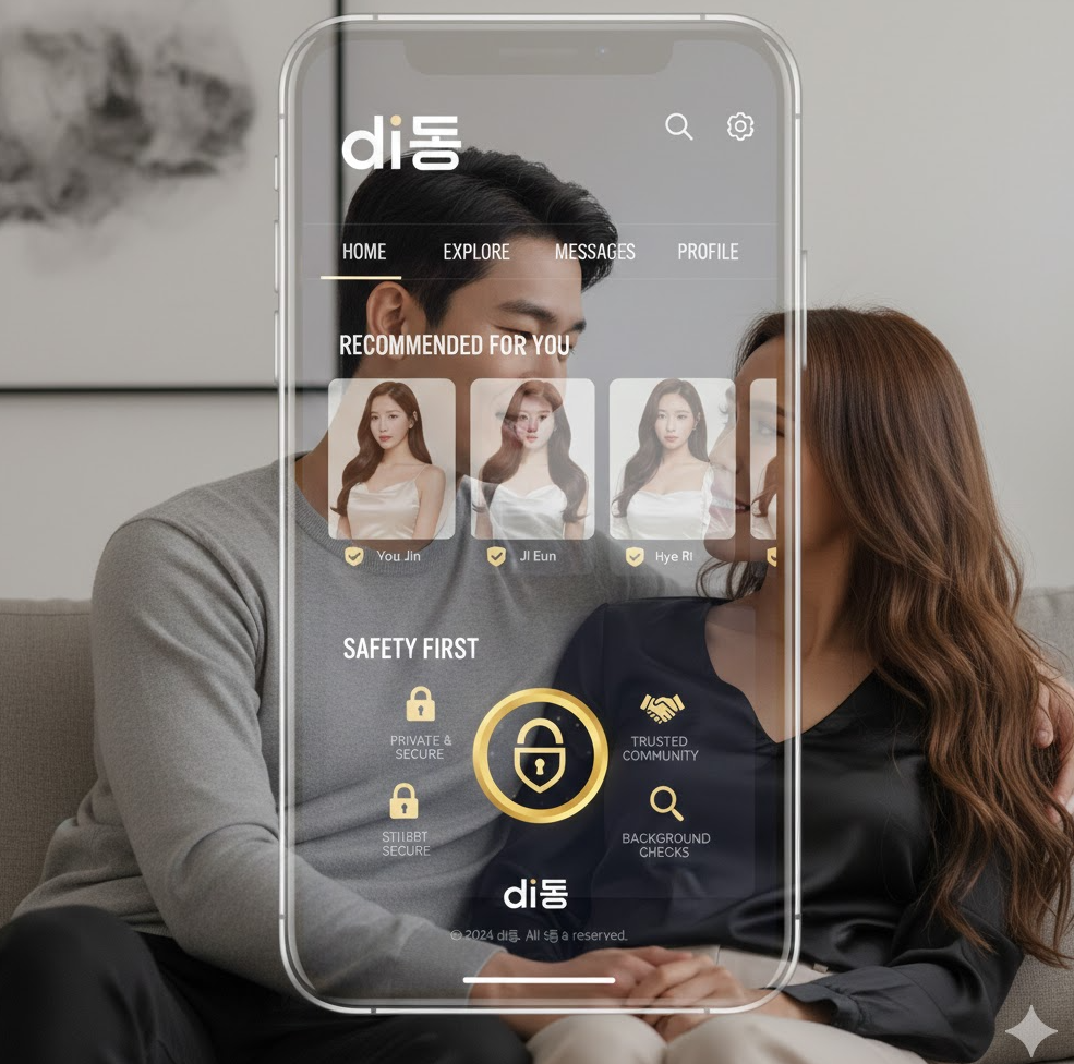 커플이 대화하는 장면을 배경으로 di동 앱 화면이 오버레이된 이미지