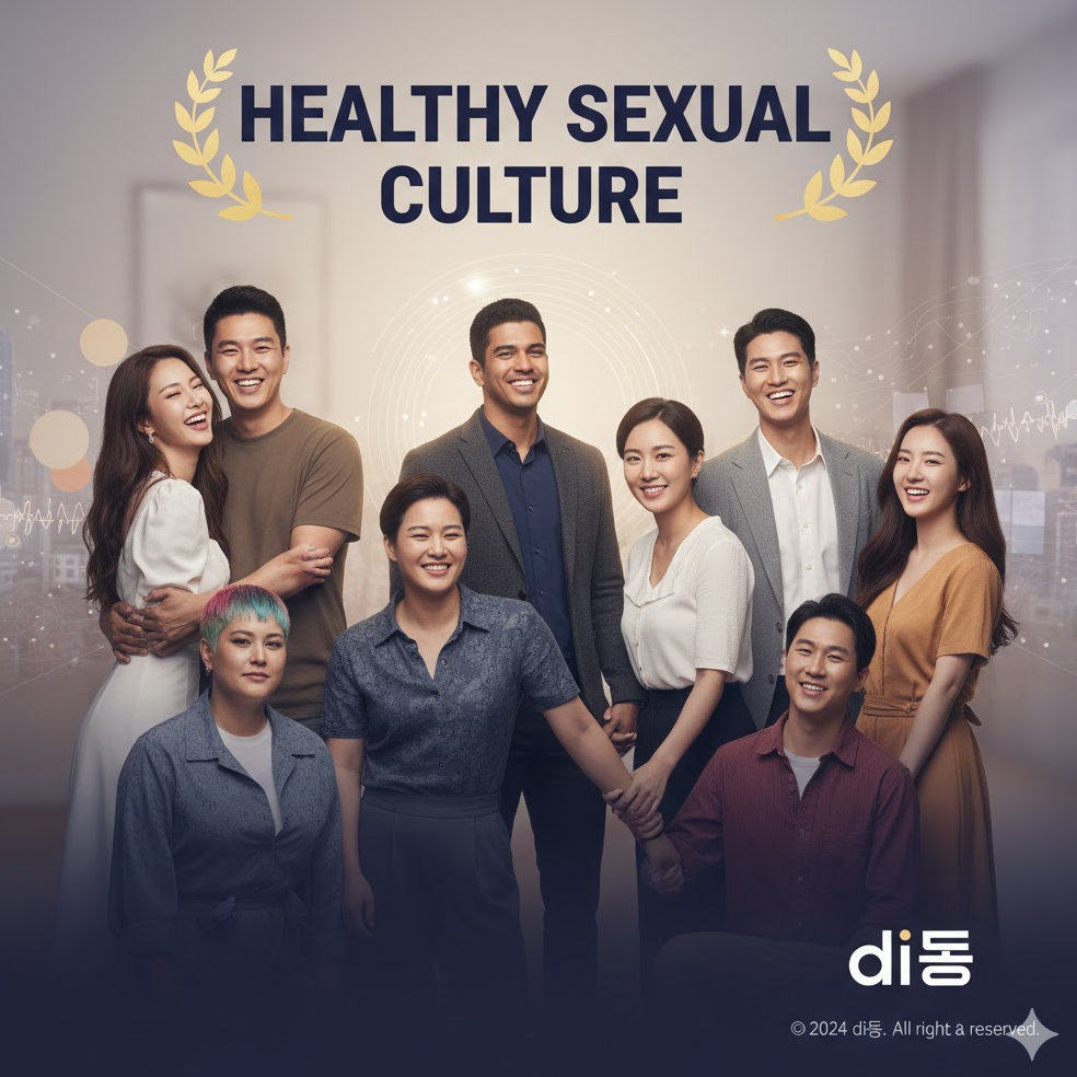  di동 캠페인 포스터 스타일 이미지, '건강한 성문화' 슬로건과 함께 사람들