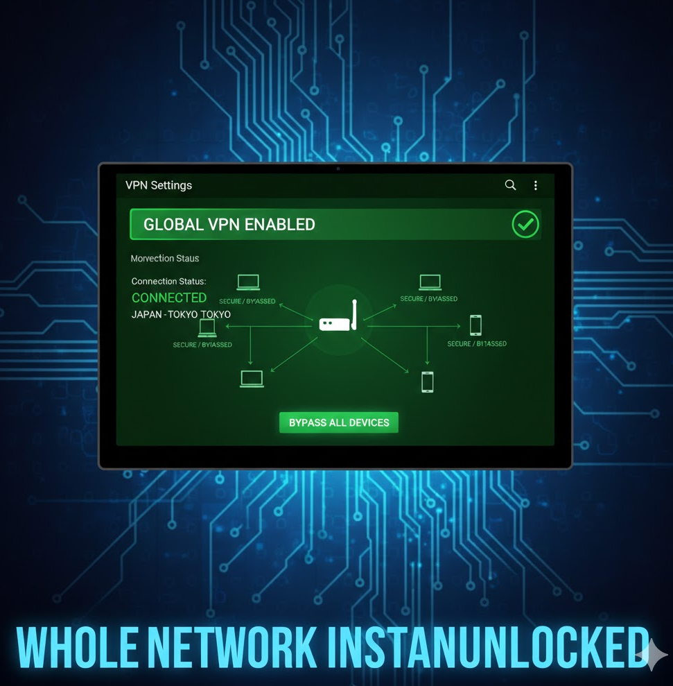 라우터 관리 화면에 VPN 설정이 적용된 그래픽 이미지 녹색 연결 표시로 전체 기기 우회 강조.