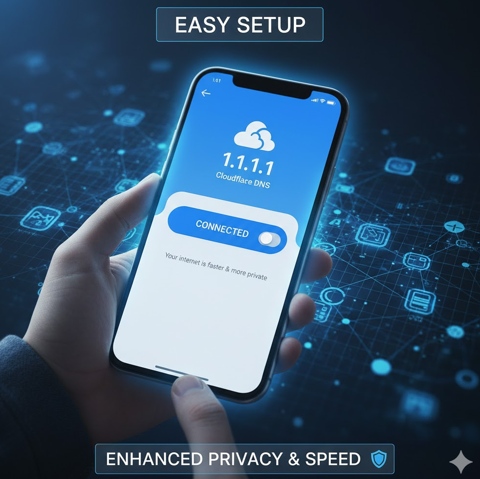 스마트폰 DNS 설정 화면에 1.1.1.1 앱 활성화된 캡처 이미지 파랑 테마로 쉬운 설정 강조.