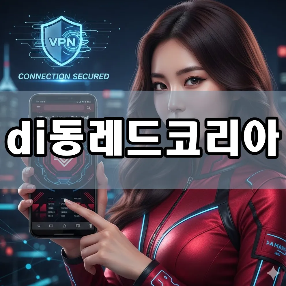 스마트폰 화면에 di동레드코리아(야코레드) 사이트가 정상 로딩된 모습, 배경에 차단 표시가 깨지는 그래픽과 VPN·DNS 아이콘이 블렌드된 역동적 디자인으로 성공적인 접속을 강조