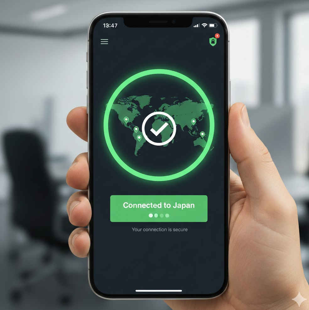  NordVPN 앱에서 일본 서버 연결된 화면 캡처 이미지 녹색 연결 표시로 성공 우회 강조