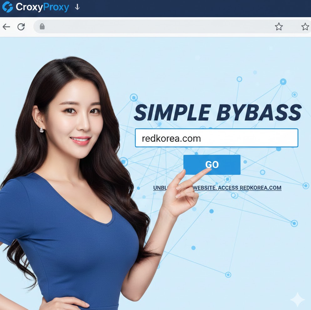CroxyProxy 웹사이트에 레드코리아 주소 입력된 화면 캡처 이미지 파랑 테마로 간단 우회 강조
