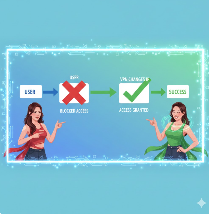 VPN(가상 사설망)의 작동 원리를 직관적인 인포그래픽으로 설명합니다.