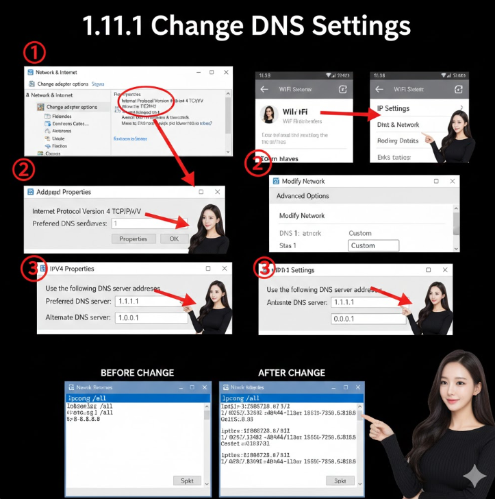 윈도우와 모바일 환경에서 DNS 서버 주소를 1.1.1.1 또는 1.0.0.1로 변경하는 과정을 보여줍니다.