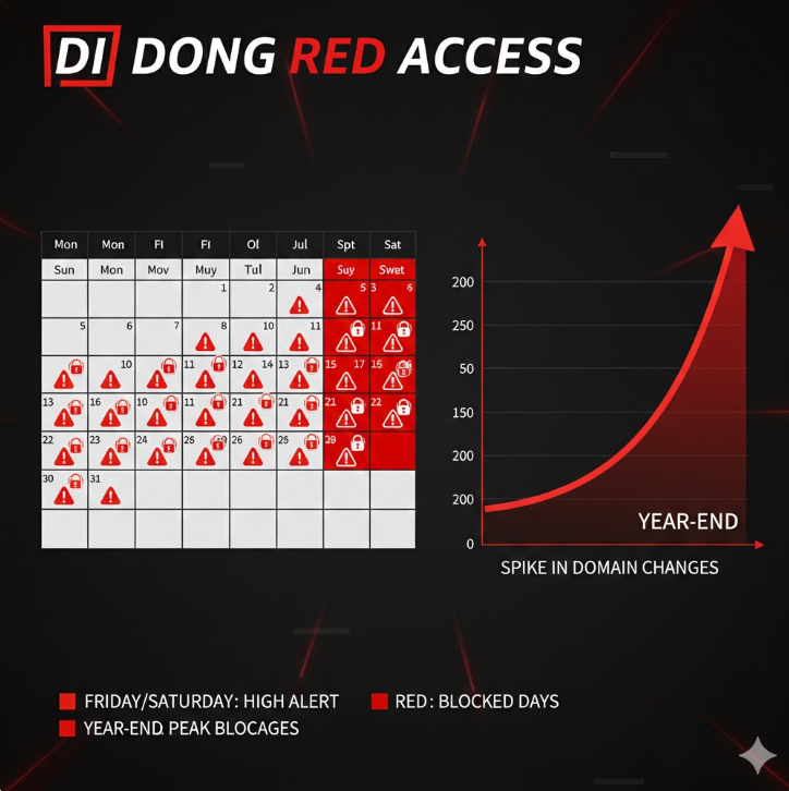 접속 패턴 인포그래픽: 달력과 그래프를 통해 금요일과 토요일에 접속 차단 경고가 집중되며, 연말에 도메인 변경이 급증하는 경향을 보여줍니다. 접속 패턴 인포그래픽: 달력과 그래프를 통해 금요일과 토요일에 접속 차단 경고가 집중되며, 연말에 도메인 변경이 급증하는 경향을 보여줍니다.