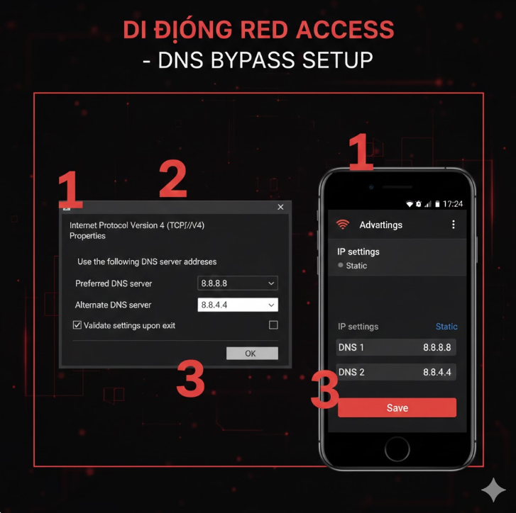 DNS 우회 설정 가이드: Windows와 모바일 환경에서 DNS 서버 주소를 8.8.8.8 또는 8.8.4.4로 변경하여 차단을 우회하는 단계를 번호를 매겨 상세히 설명합니다. DNS 우회 설정 가이드: Windows와 모바일 환경에서 DNS 서버 주소를 8.8.8.8 또는 8.8.4.4로 변경하여 차단을 우회하는 단계를 번호를 매겨 상세히 설명합니다.