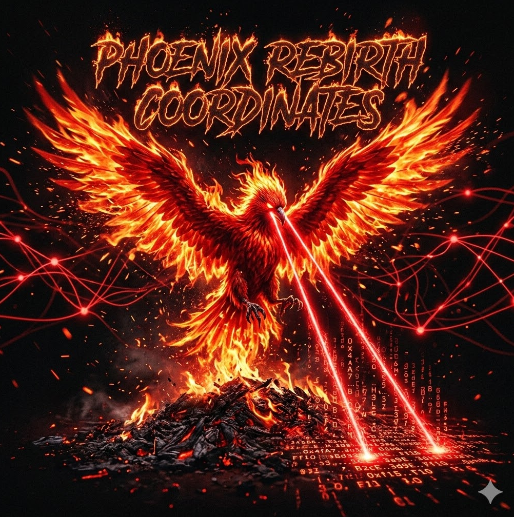 붉은 불사조가 검은 화면 속에서 재로 변했다가 다시 불꽃 날개를 펼치며 부활하는 애니메이션 그래픽. 불사조 눈에서 붉은 레이저가 쏟아지며 새로운 주소가 생성되는 효과