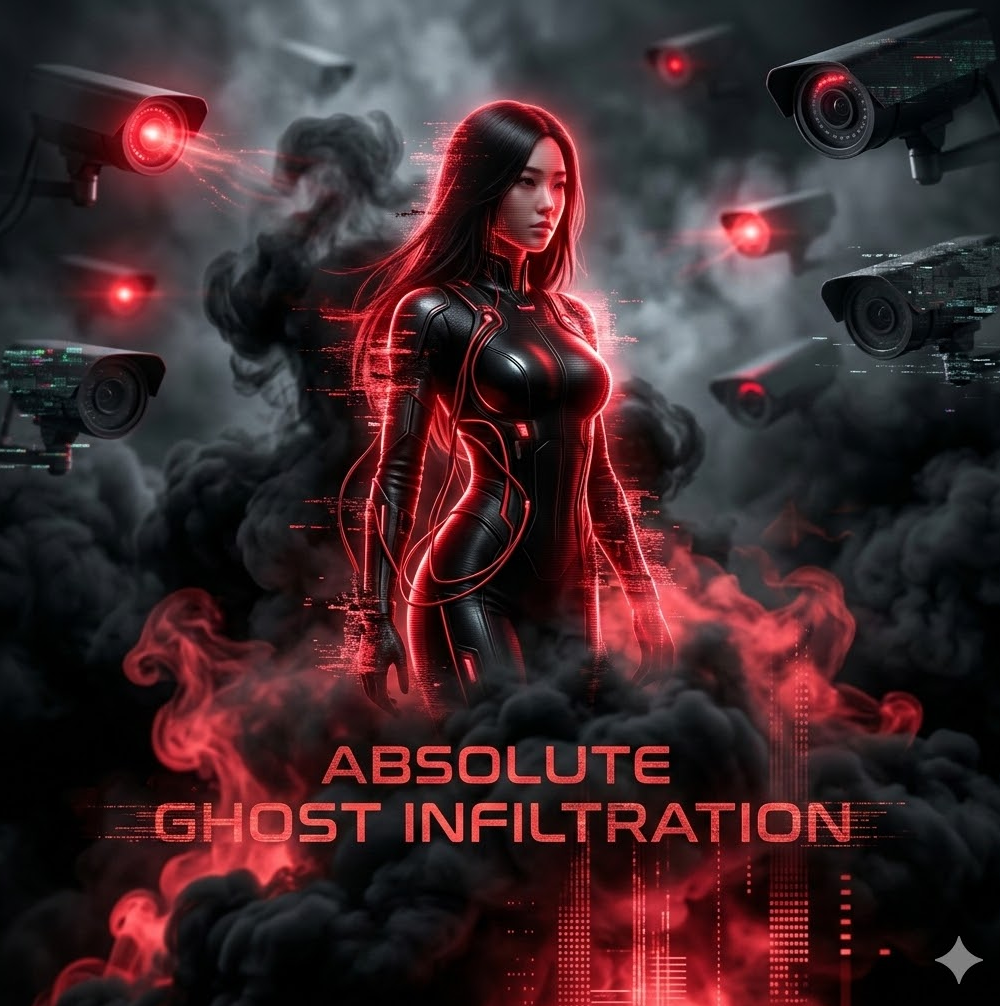 붉은 실루엣이 검은 안개 속에서 유령처럼 스며드는 그래픽, 'Absolute Ghost Infiltration' 텍스트가 은밀하게 새겨진 디자인.