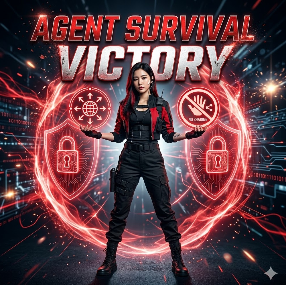 붉은 요원 아이콘이 좌표 무한 수집 아이콘과 공유 금지 표식을 들고 서 있는 그래픽, 'Agent Survival Victory' 텍스트가 강렬하게 새겨진 디자인