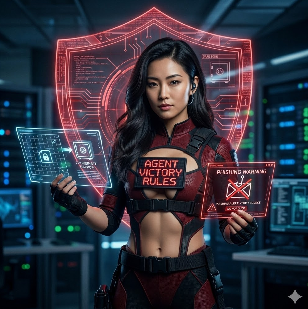 'Agent Victory Rules' 텍스트가 강렬하게 새겨진 디자인