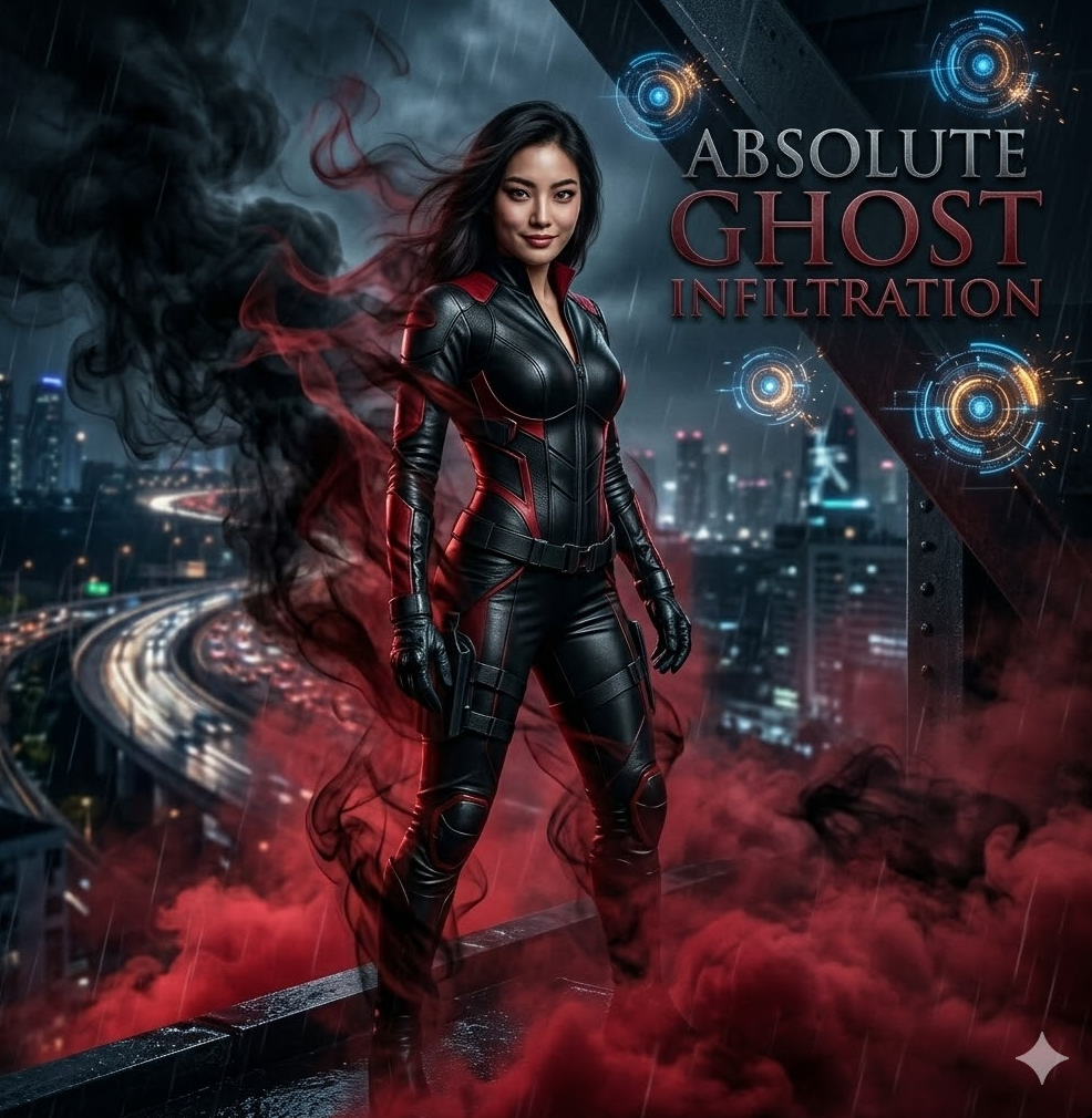 Absolute Ghost Infiltration' 텍스트가 은밀하게 새겨진 디자인