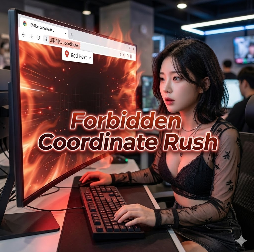 브라우저 주소창에 di동레드 좌표가 입력되는 순간 붉은 열기가 퍼지는 그래픽, 'Forbidden Coordinate Rush' 텍스트가 배치된 디자인.