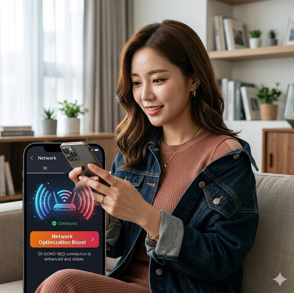 네트워크 설정 화면에 di동레드 연결이 최적화된 그래픽, 'Network Optimization Boost' 텍스트가 강조된 디자인.