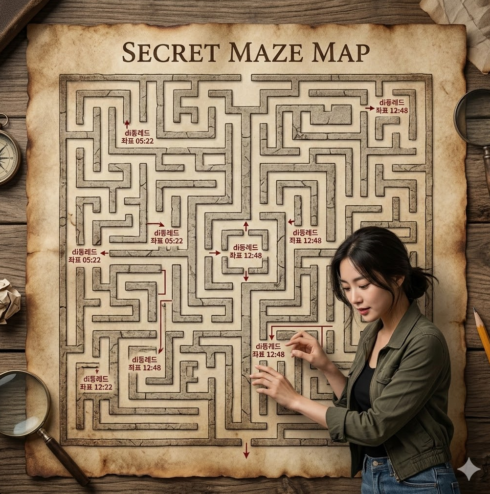 미로 지도에 di동레드 좌표가 표시된 그래픽, 'Secret Maze Map' 텍스트가 중앙에 배치된 디자인.