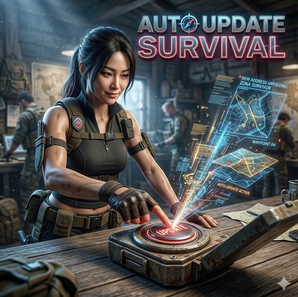  업데이트 버튼 클릭 순간 새 주소가 펼쳐지는 그래픽, 'Auto Update Survival' 텍스트가 배치된 디자인.