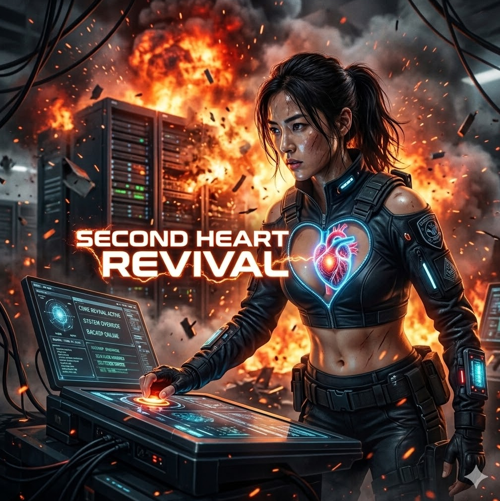 메인 서버가 폭파되는 순간 제2의 심장이 뛰는 애니메이션 그래픽, 'Second Heart Revival' 텍스트가 중앙에 배치된 디자인.