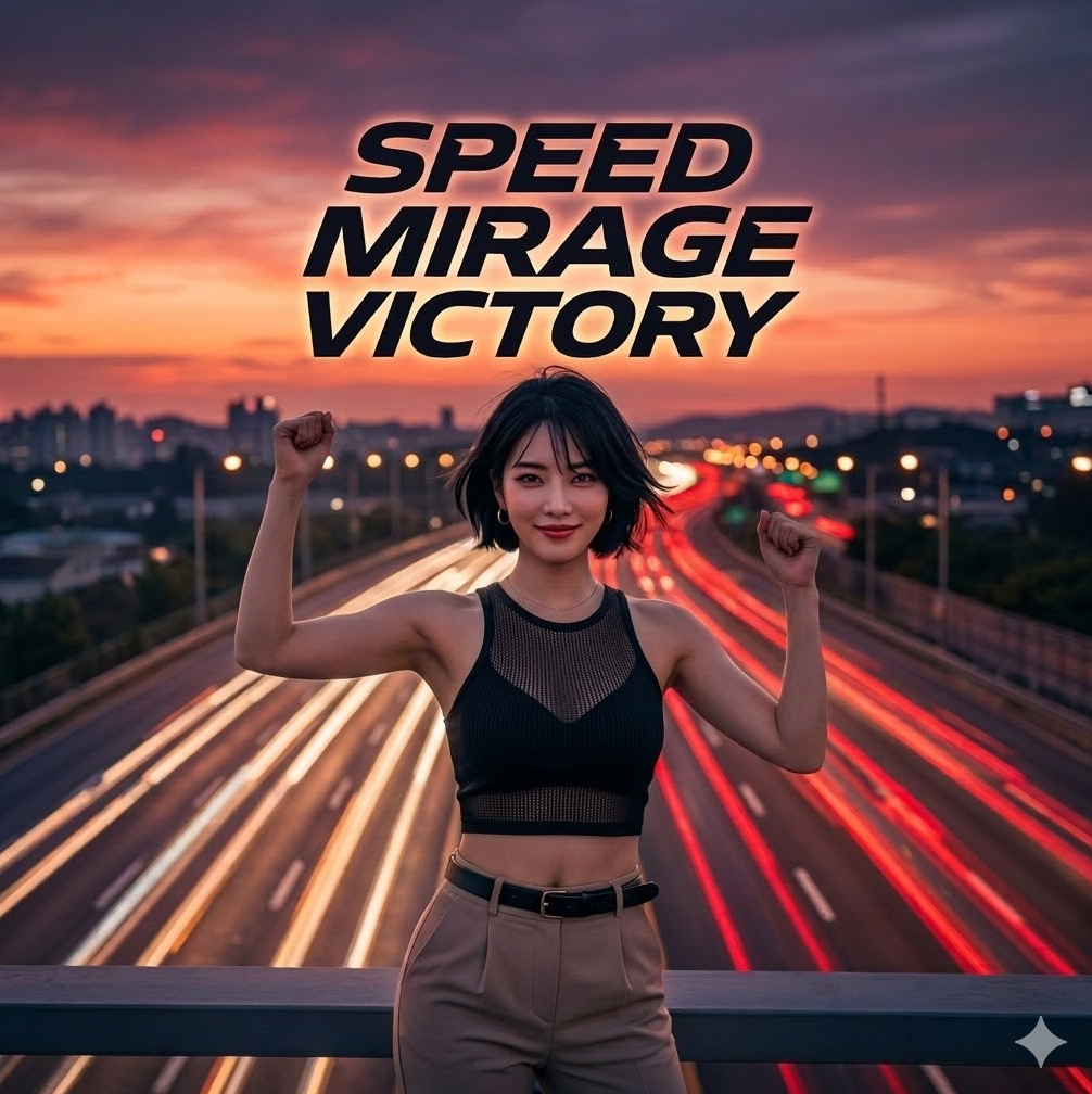  로딩 바가 사라지고 붉은 고속도로가 펼쳐지는 그래픽, 'Speed Mirage Victory' 텍스트가 배치된 디자인.