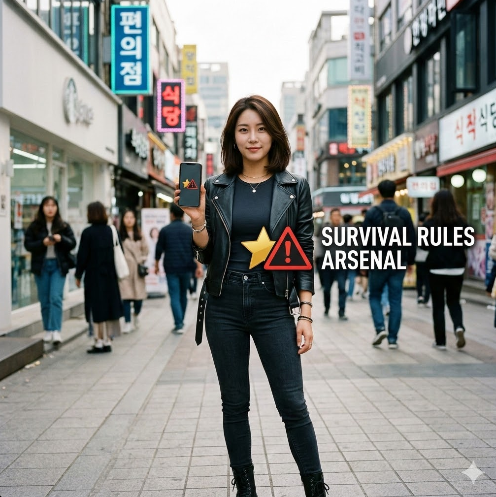 즐겨찾기 아이콘과 사칭 경고 아이콘이 겹쳐진 그래픽, 'Survival Rules Arsenal' 텍스트가 배치된 디자인.