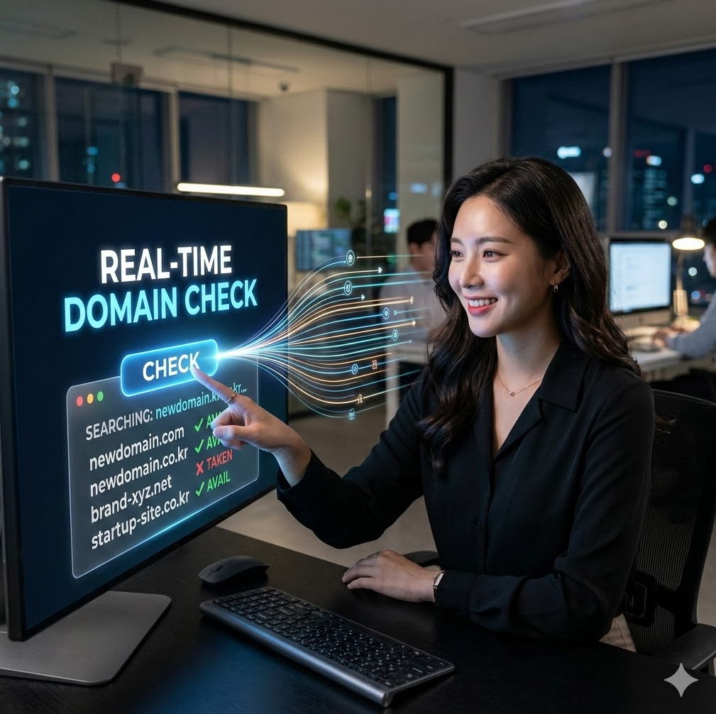 실시간 도메인 점검 버튼 클릭 순간 새 주소가 펼쳐지는 그래픽, 'Real-Time Domain Check' 텍스트가 배치된 디자인.