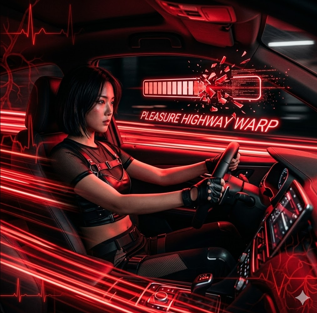 로딩 바가 산산조각 나며 'Pleasure Highway Warp' 텍스트가 속도감 있게 흐르는 역동적인 장면.