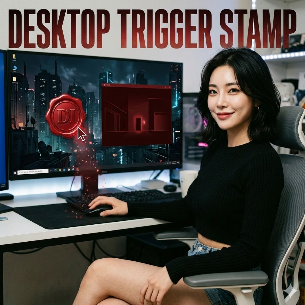 클릭 순간 붉은 아지트가 열리는 효과, 'Desktop Trigger Stamp' 텍스트가 강렬하게 새겨진 디자인.
