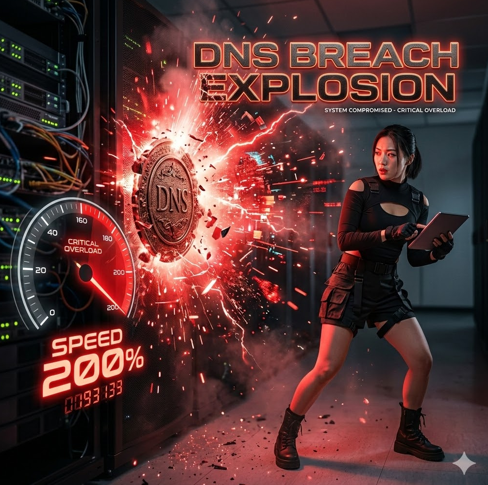 DNS 봉인이 폭발하며 붉은 속도 게이지가 200% 폭주하는 그래픽, 'DNS Breach Explosion' 텍스트가 배치된 디자인.