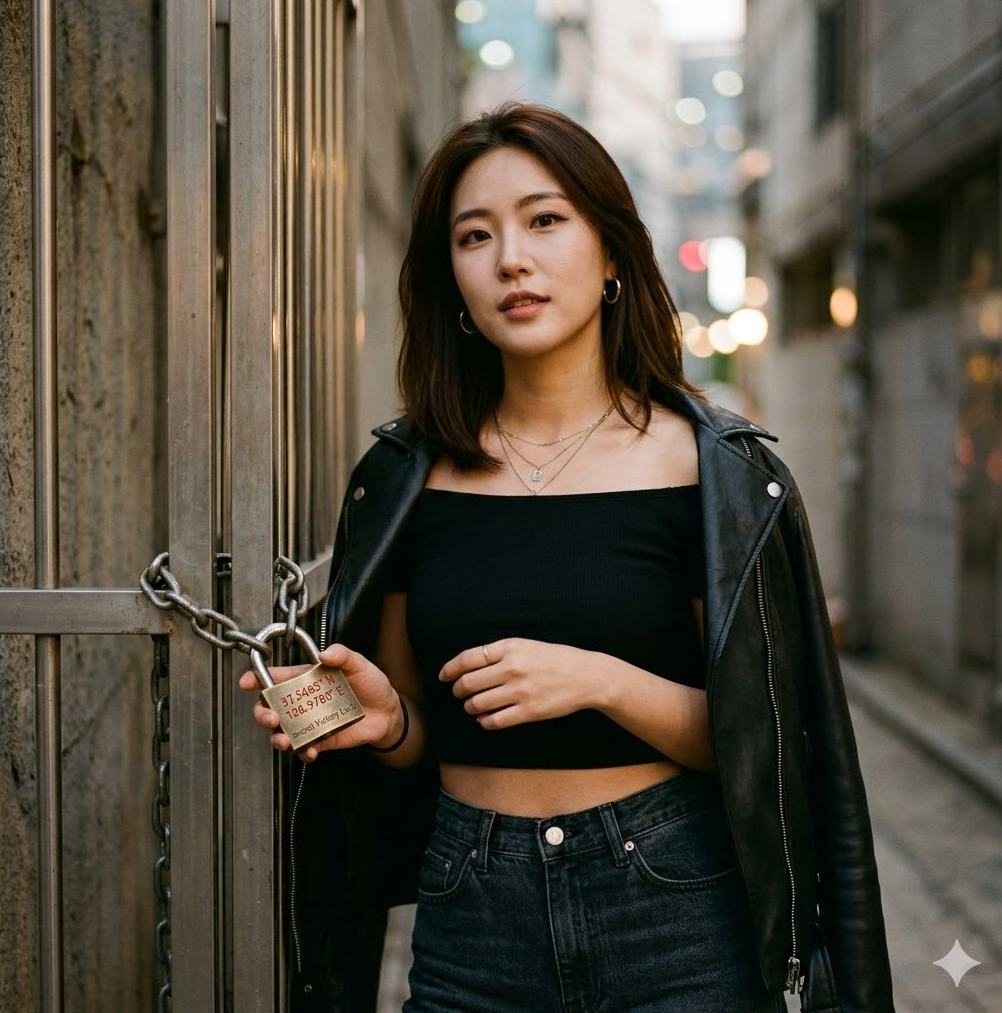 붉은 좌표가 자물쇠로 잠긴 그래픽, 'Secret Victory Lock' 텍스트가 은밀하게 새겨진 디자인.