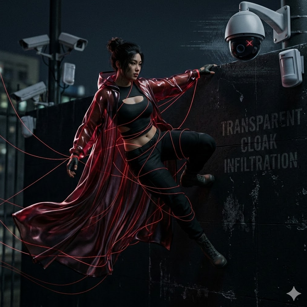 망토가 바람에 펄럭이며 붉은 실이 몸을 감싸는 역동적인 장면. 'Transparent Cloak Infiltration' 텍스트 망토가 바람에 펄럭이며 붉은 실이 몸을 감싸는 역동적인 장면. 'Transparent Cloak Infiltration' 텍스트