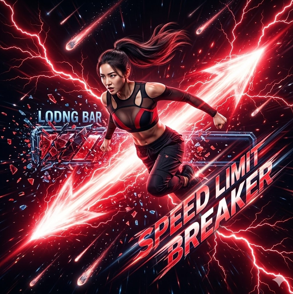로딩 바가 산산조각 나며 붉은 광속 화살이 날아가는 그래픽, 'Speed Limit Breaker' 텍스트가 속도감 있게 흐르는 역동적인 장면. 화면에 붉은 번개와 별똥별이 쏟아지는 극적인 효과. 로딩 바가 산산조각 나며 붉은 광속 화살이 날아가는 그래픽, 'Speed Limit Breaker' 텍스트가 속도감 있게 흐르는 역동적인 장면. 화면에 붉은 번개와 별똥별이 쏟아지는 극적인 효과.