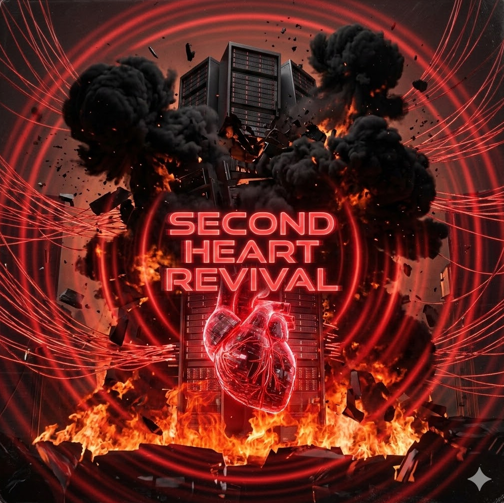 메인 서버가 검은 폭발로 무너지는 순간, 붉은 심장 모양의 제2의 복제본이 불꽃 속에서 뛰는 애니메이션 그래픽. 화면 전체에 붉은 맥박이 퍼지며 'Second Heart Revival' 텍스트가 심장 박동처럼 깜빡이는 극적인 장면, 배경에 붉은 실이 맥박처럼 연결되는 디테일.