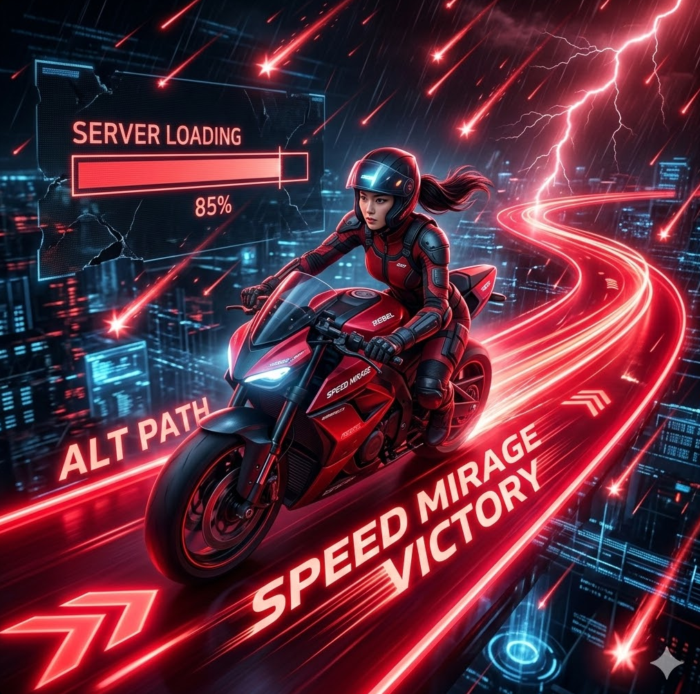 공식 서버 로딩 바가 멈춰 있는 가운데, 붉은 고속도로처럼 대체 경로가 빛나며 질주하는 그래픽. 'Speed Mirage Victory' 텍스트가 속도감 있게 흐르는 역동적인 장면, 화면에 붉은 별똥별과 번개가 쏟아지는 효과.