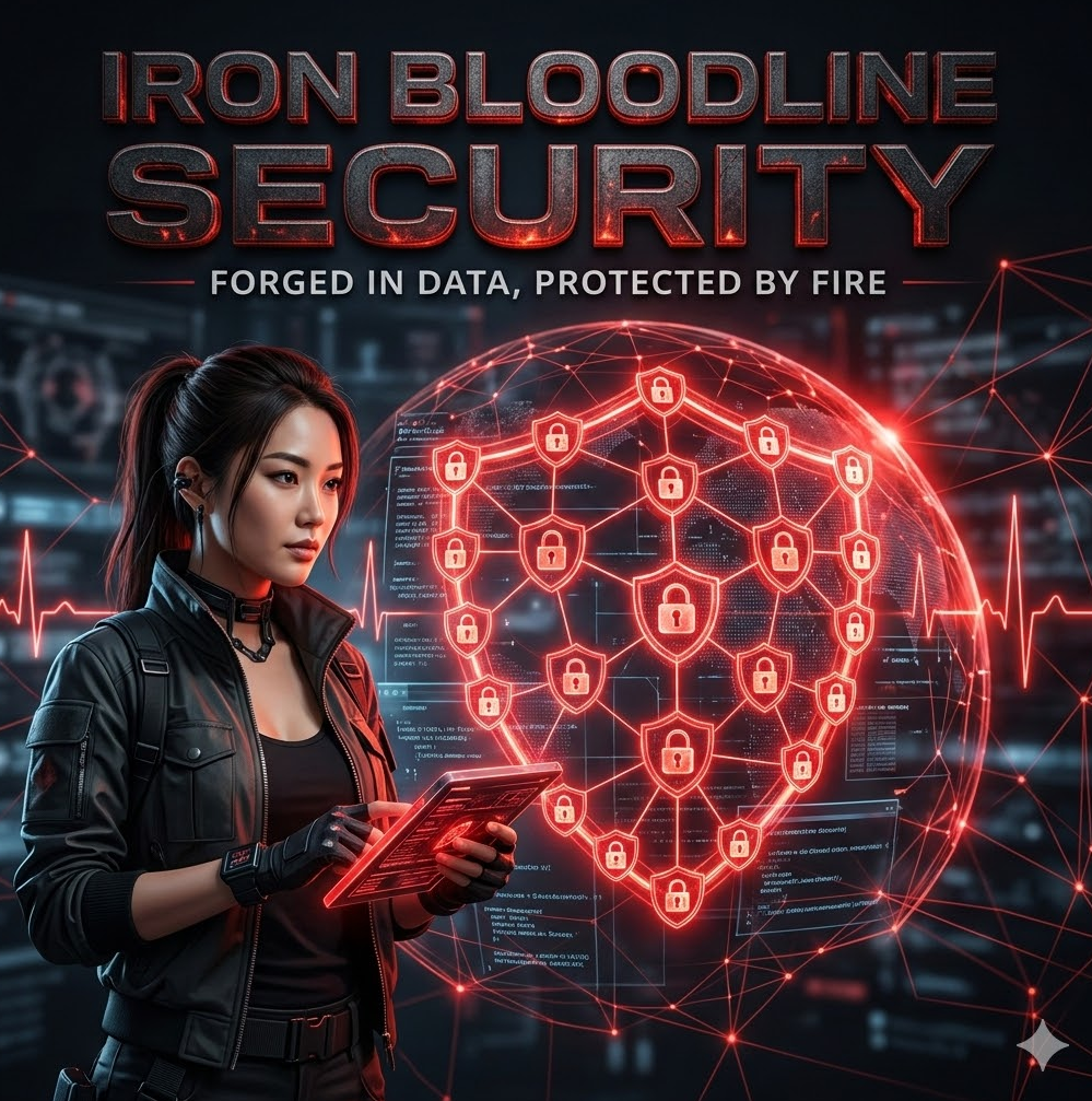 복제 사이트 껍데기 속에 붉은 혈통처럼 빛나는 보안 아이콘들이 보호막을 형성하는 그래픽, 'Iron Bloodline Security' 텍스트가 강렬하게 새겨진 디자인. 배경에 붉은 실이 맥박처럼 연결되는 디테일.